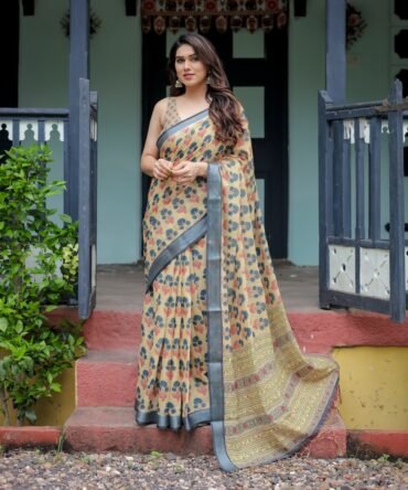 Beige and Charcoal Pure Cotton Linen Saree with Floral Print