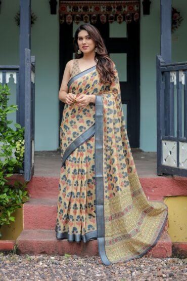Beige and Charcoal Pure Cotton Linen Saree with Floral Print