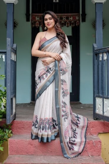 Ivory Pure Cotton Linen Saree with Elephant Motif and Tassel Detailing