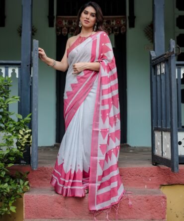 White and Pink Pure Cotton Linen Saree with Geometric Stripes