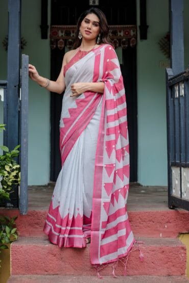 White and Pink Pure Cotton Linen Saree with Geometric Stripes