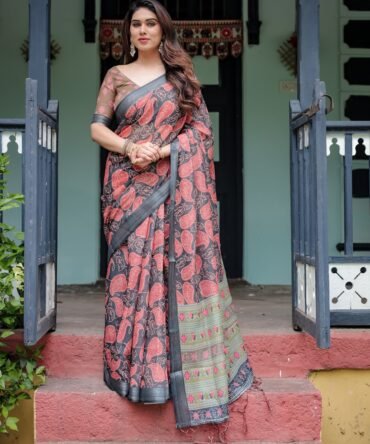 Charcoal Black Pure Cotton Linen Saree with Leafy Paisley Print