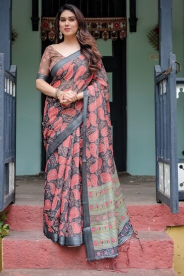 Charcoal Black Pure Cotton Linen Saree with Leafy Paisley Print