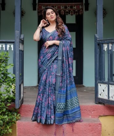 Navy Blue Pure Cotton Linen Saree with Floral Print