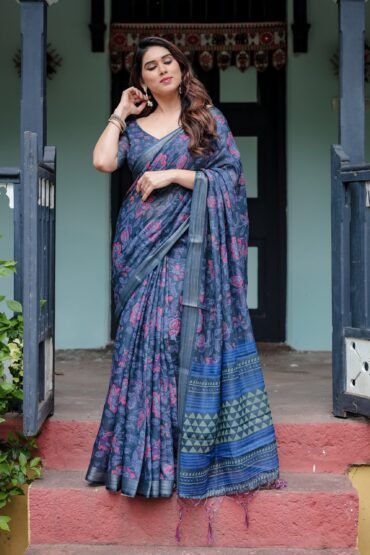 Navy Blue Pure Cotton Linen Saree with Floral Print