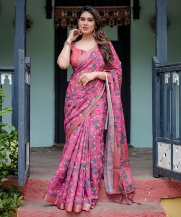 Magenta and Pink Pure Cotton Linen Saree with Floral and Paisley Block Print