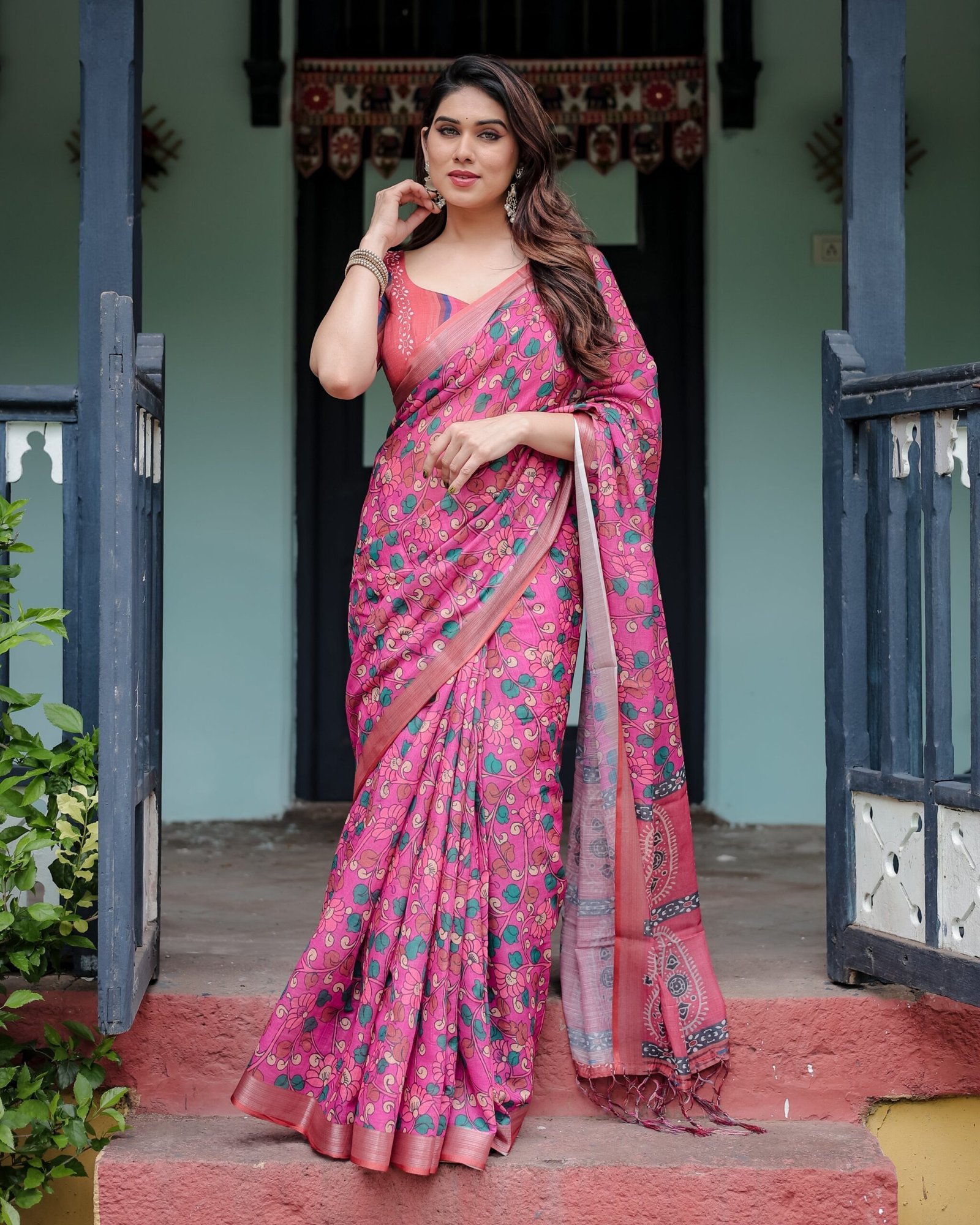 Magenta and Pink Pure Cotton Linen Saree with Floral and Paisley Block Print