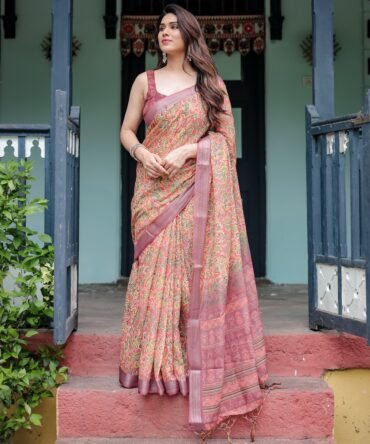 Beige and Rust Pure Cotton Linen Saree with Tribal Block Print