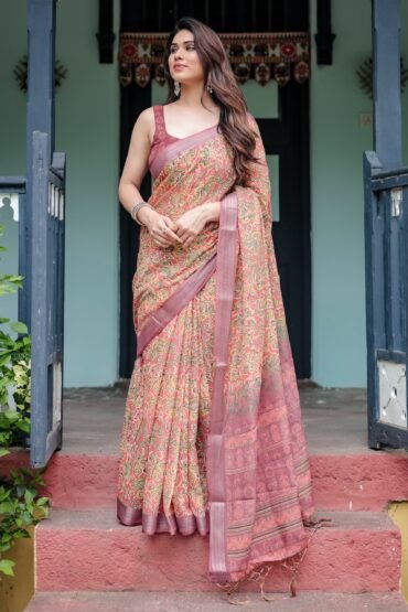 Beige and Rust Pure Cotton Linen Saree with Tribal Block Print