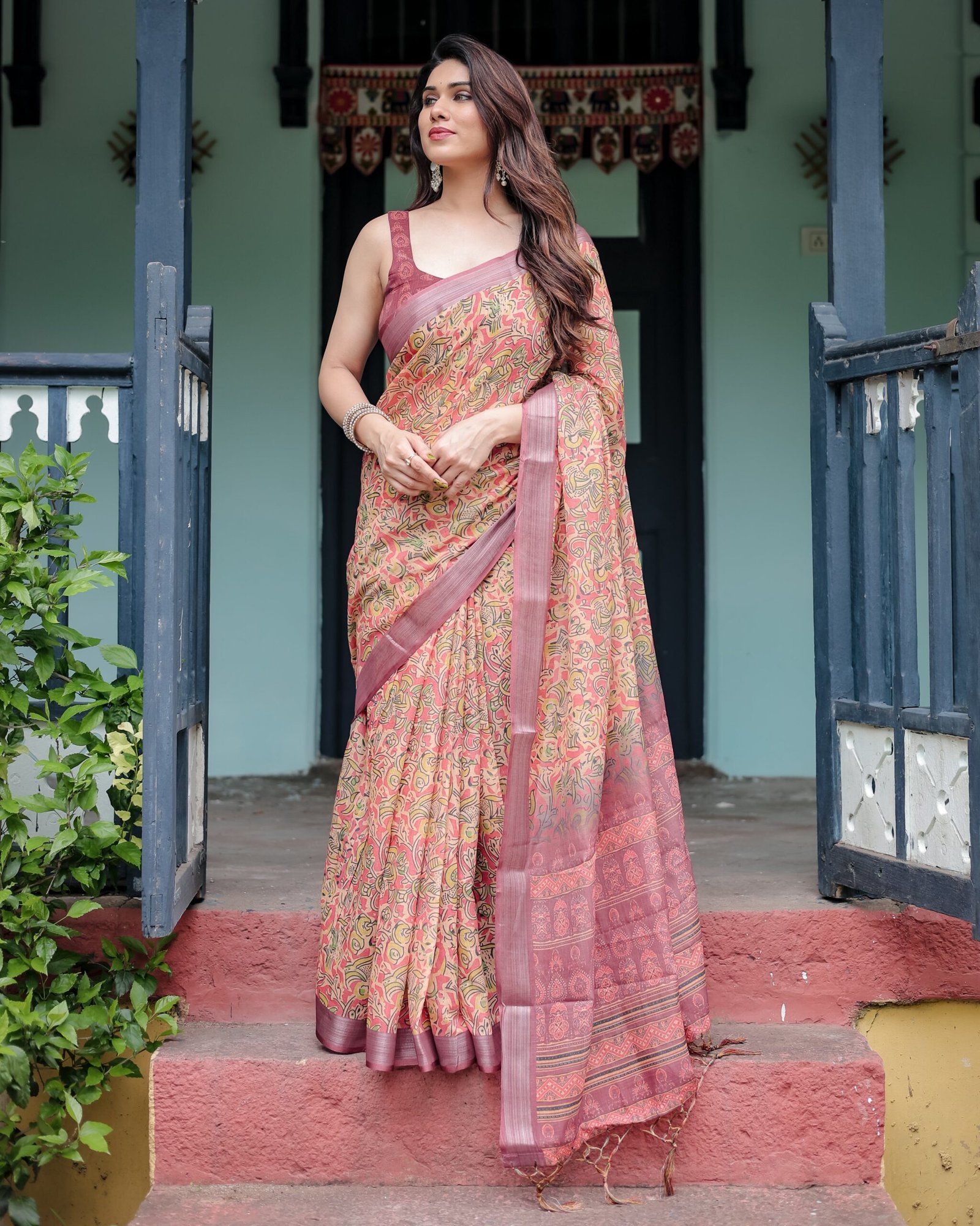 Beige and Rust Pure Cotton Linen Saree with Tribal Block Print
