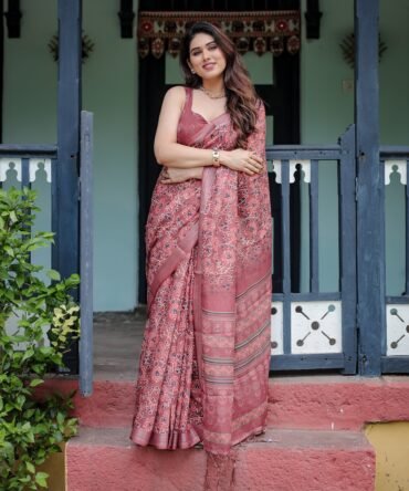 Rust Red Pure Cotton Linen Saree with Floral Block Print