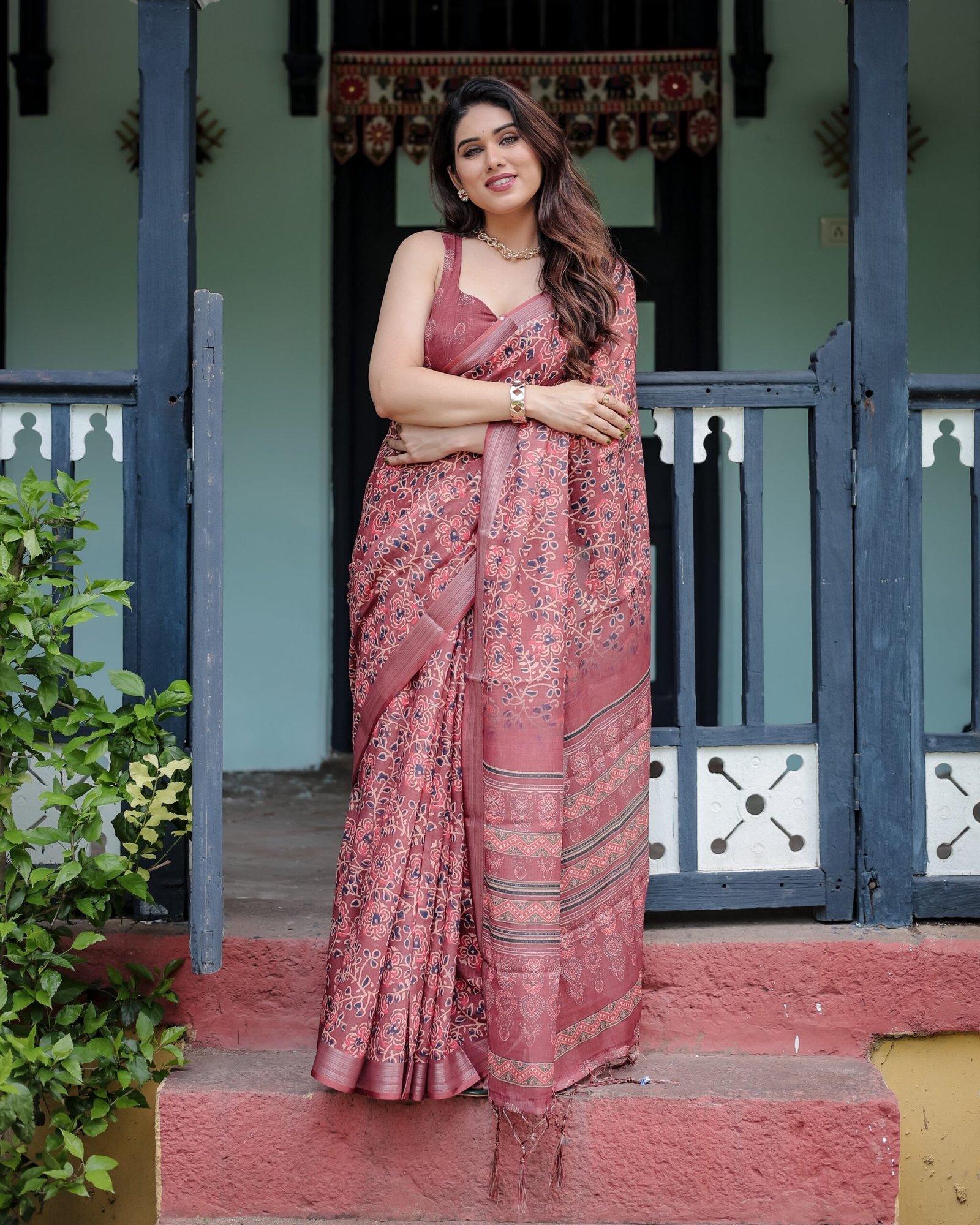 Rust Red Pure Cotton Linen Saree with Floral Block Print