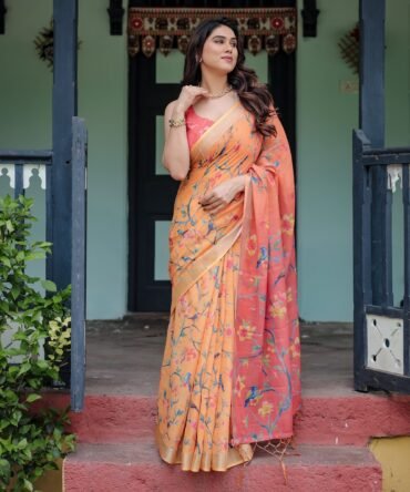Peach and Orange Pure Cotton Linen Saree with Floral and Bird Print