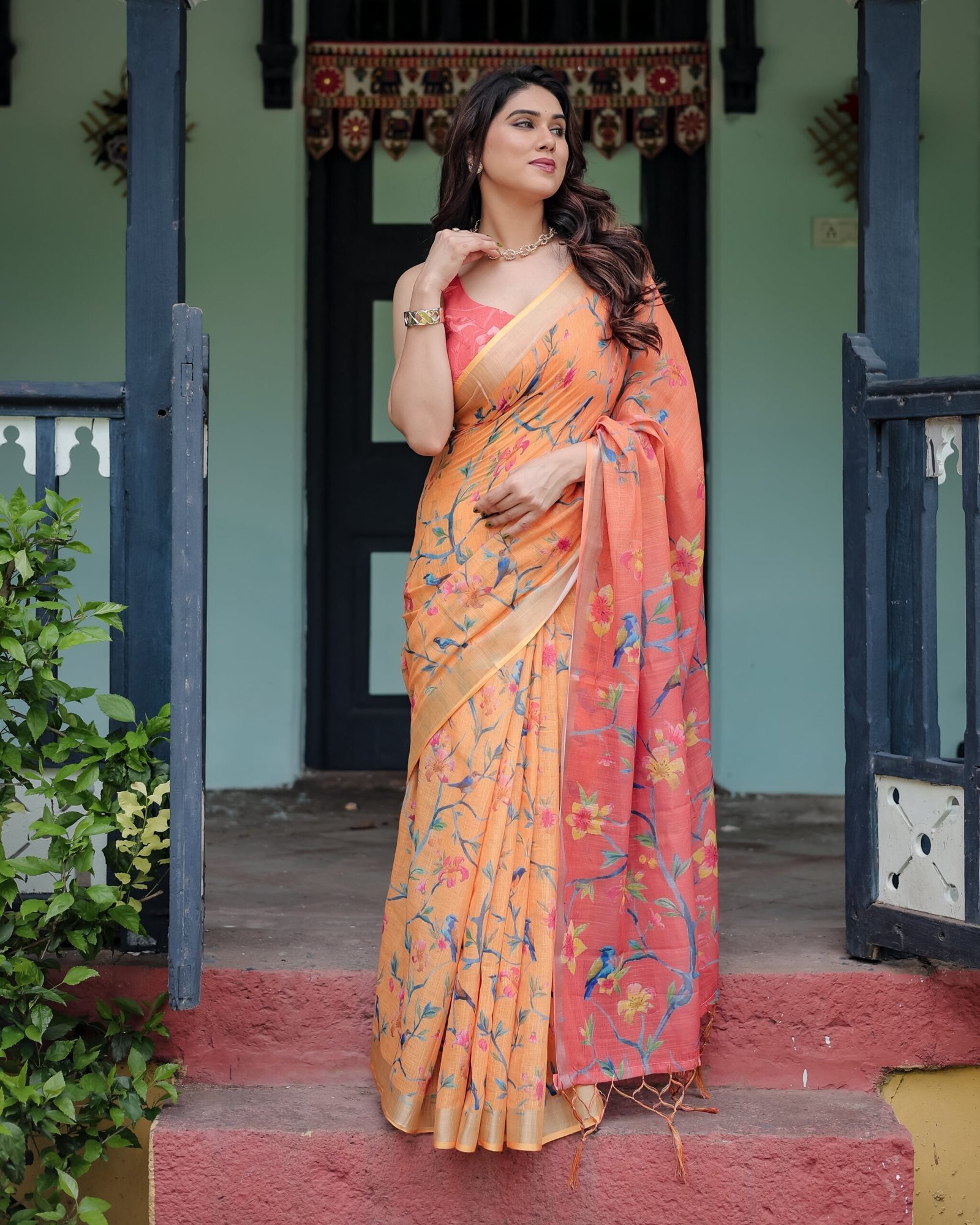 Peach and Orange Pure Cotton Linen Saree with Floral and Bird Print