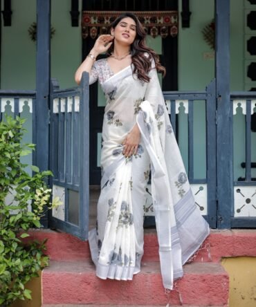 White and Grey Pure Cotton Linen Saree with Floral Print