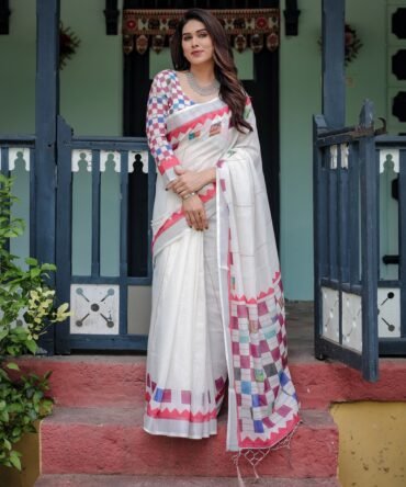 White Pure Cotton Linen Saree with Multicolor Checkered Design