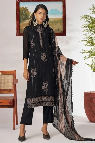 Chic Black Pure Organza Embroidered Festival Wear Straight Suit