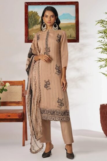 Regal Brown Organza Thread Embroidered Eid Wear Pant Salwar Suit