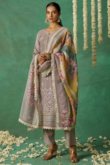 Classic Grey Thread Embroidered Organza Traditional Wear Salwar Kameez