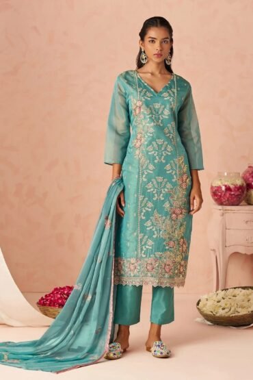Dazzling Blue Embroidered Organza Festive Wear Straight Suit