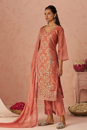 Stunning Peach Embroidered Organza Function Wear Straight Suit