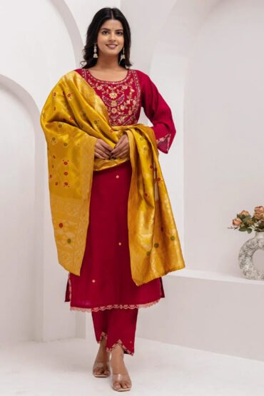 Fabulous Maroon Thread Embroidery Viscose Silk Traditional Pant Suit