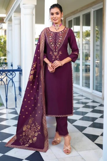 Dazzling Purple Hand Work Viscose Silk Pant Suit With Dupatta