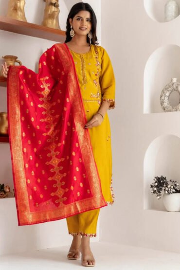Impressive Yellow Thread Work Viscose Silk Haldi Wear Pant Suit