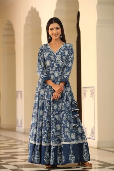 Floral Indigo Angrakha Kalidar Dress