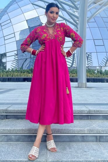 Pink Gathered Alia Cut Dress with Tassels