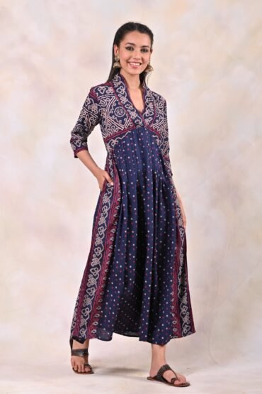Blue Bandhani V Neck Alia Cut Dress