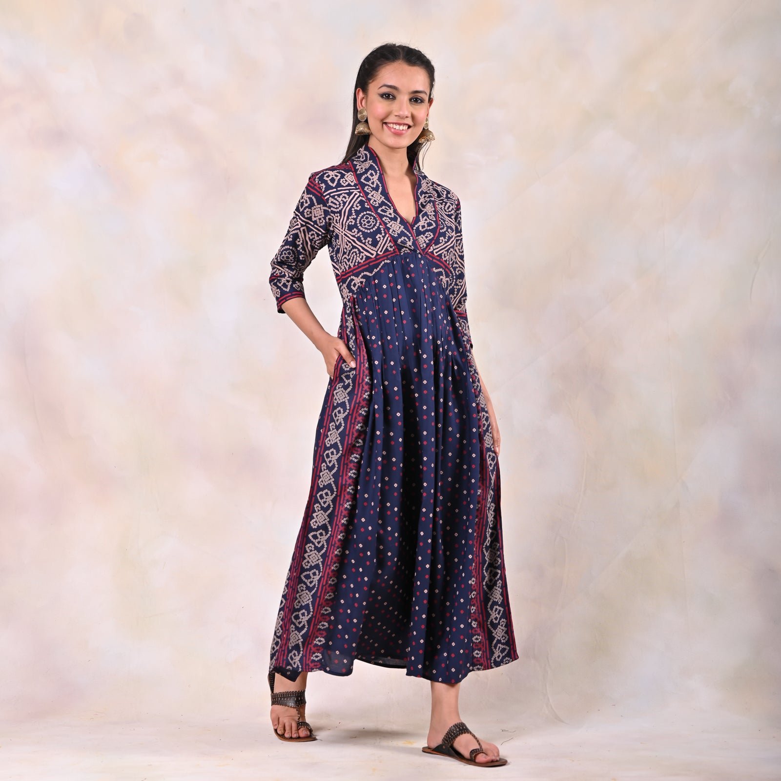 Blue Bandhani V Neck Alia Cut Dress