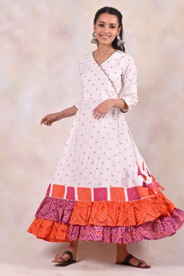 White Bandhani Angrakha Yoke Dress