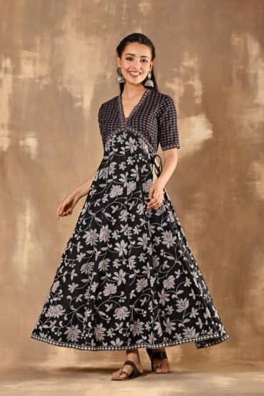 Black Bandhani Inspired Floral Dress