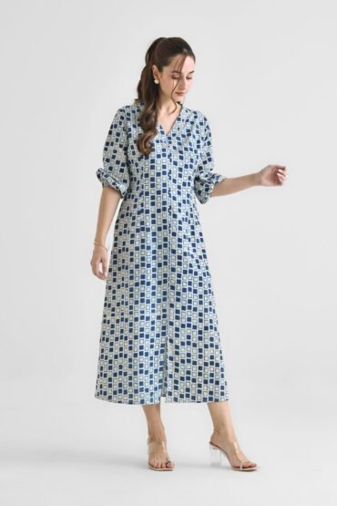 Blue Contemporary Akola Dabu Inspired Cotton Dress with V Neckline & Lace Detail