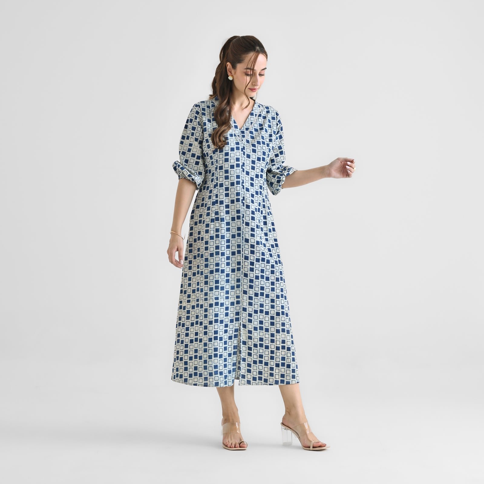 Blue Contemporary Akola Dabu Inspired Cotton Dress with V Neckline & Lace Detail