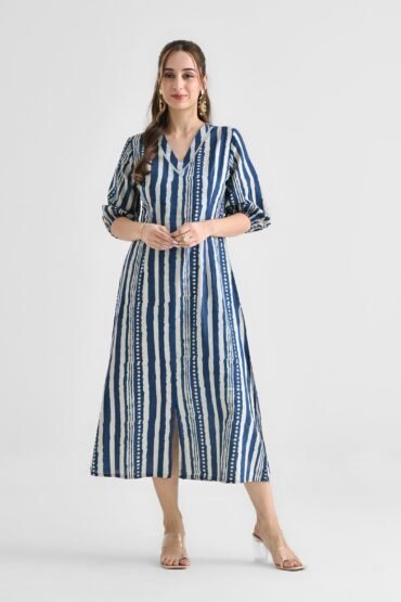 Blue Contemporary Dabu Inspired Cotton Dress with V Neckline & Lace Detail