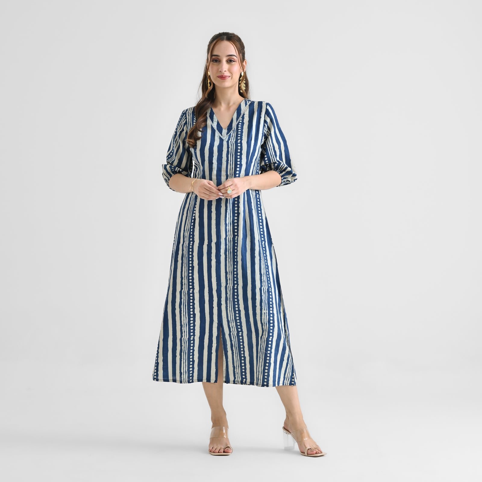 Blue Contemporary Dabu Inspired Cotton Dress with V Neckline & Lace Detail