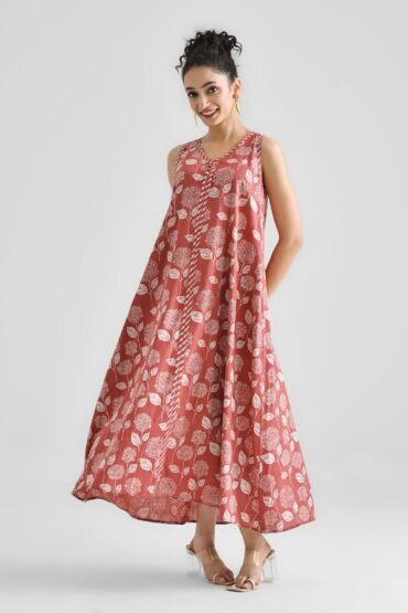 Brick Red Dabu Inspired Floral Sleeveless Dress with Neckline & Centre Front Detail