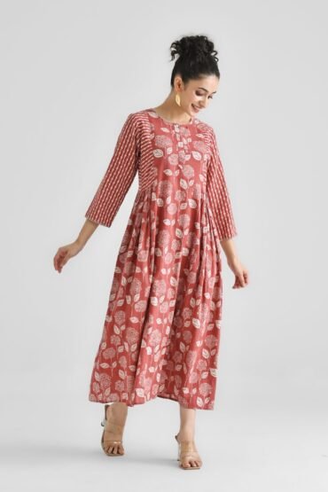 Brick Red Floral & Striped Dabu Inspired Cotton Dress with Side Gathers
