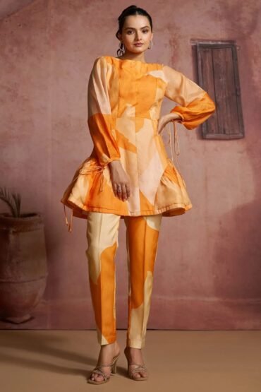 Glamorous Orange Digital Printed Muslin Silk Party Wear Co-Ord Set