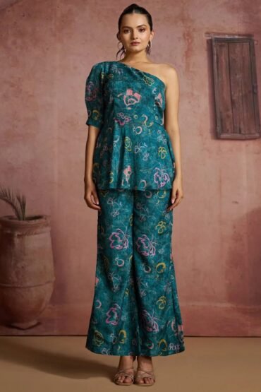 Fantastic Blue Digital Printed Muslin Silk Party Wear Co-Ord Set