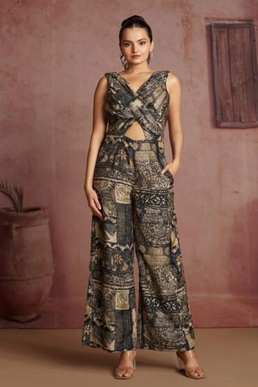 Attractive Black Digital Printed Muslin Silk Party Wear Jumpsuit
