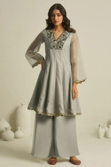 Gorgeous Grey Handwork Tissue Festive Wear Palazzo With Peplum Top