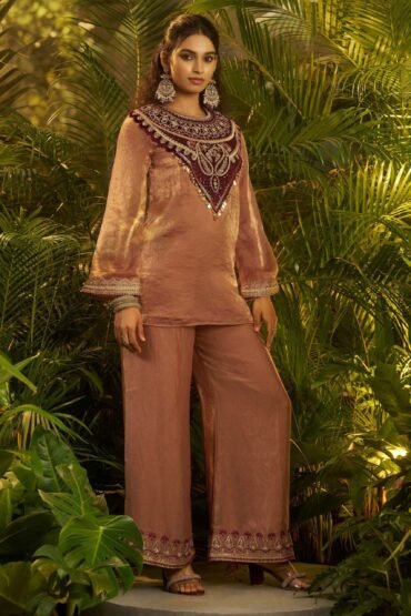 Stylish Brown Patch Work Organza Festive Wear Co-Ord Set