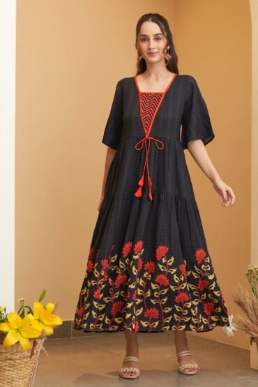 Black V Neck Floral Tiered Dress