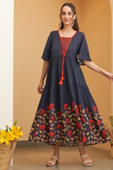 Navy Blue V Neck Floral Tiered Dress