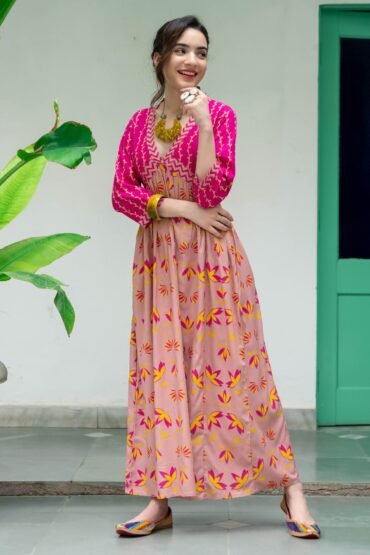 Baby Pink & Hot Pink V Neck Lotus Alia Cut Dress