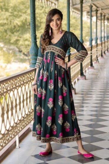 Emerald Green V Neck Alia Cut Dress with Buta & Polka Prints