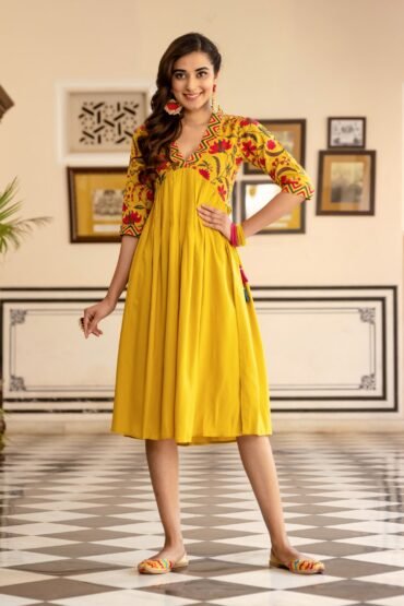 Mustard V Neck Alia Cut Gathered Dress with Tassels